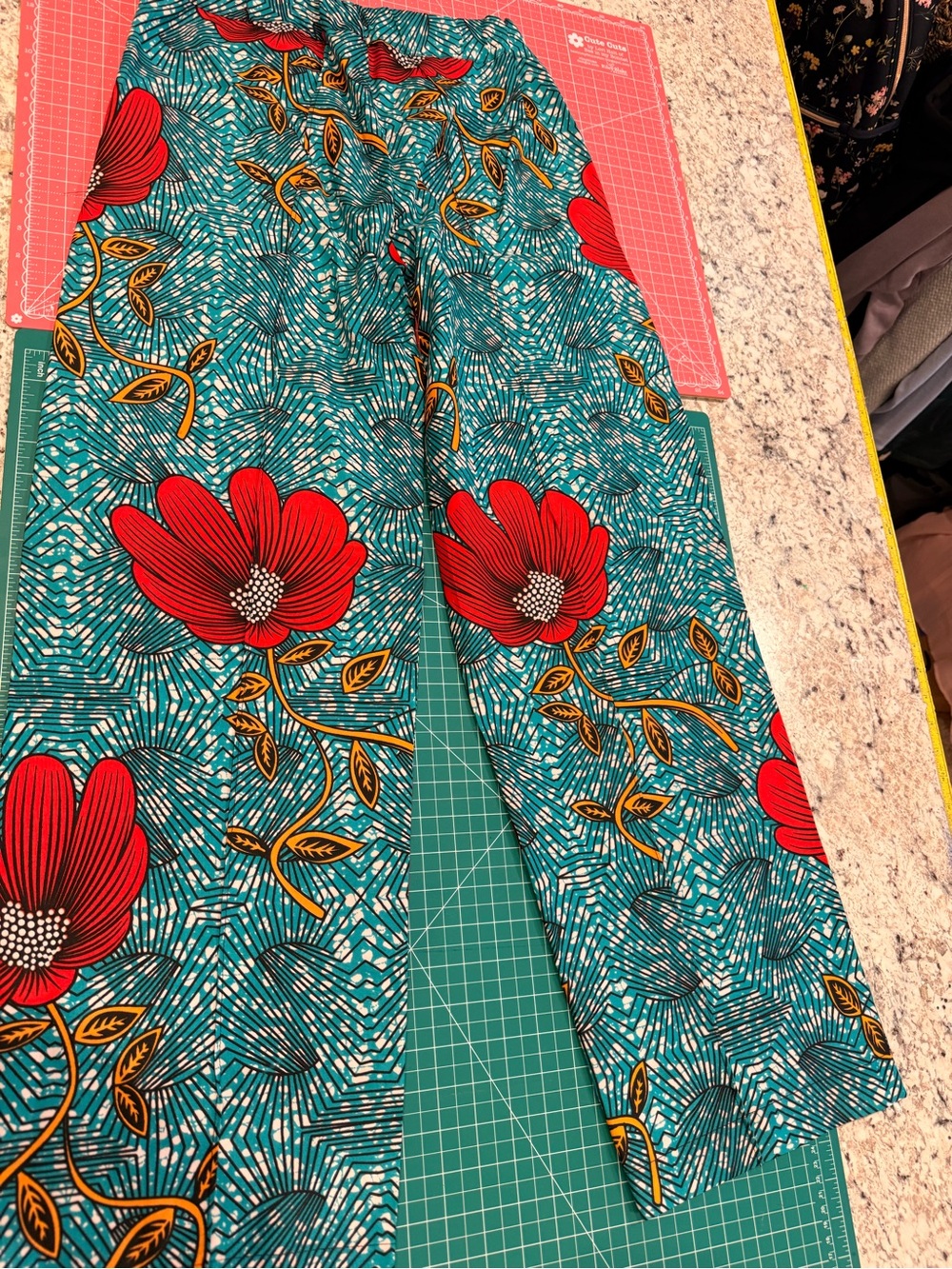 Boho Wide-Leg Floral Pants - Teal with Red Floral - Picture 7 of 9